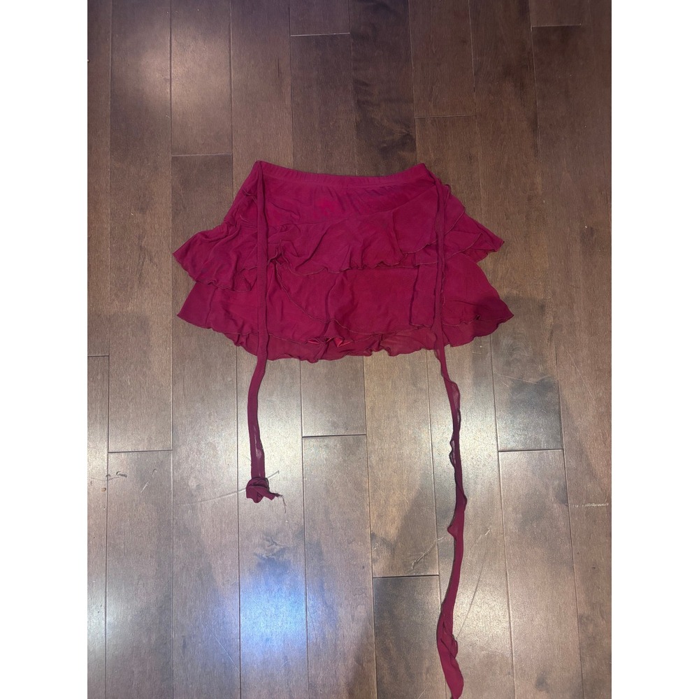 Burgundy Tiered Ruffle Mini Skirt Mesh Lettuce Edge Wine Red Skort Tie Detail